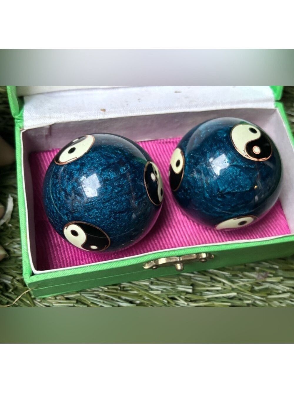 VINTAGE Cloisonné Yin-Yang Baoding Balls • Deep Blue Enamel • Meditation Chime - Picture 6 of 11